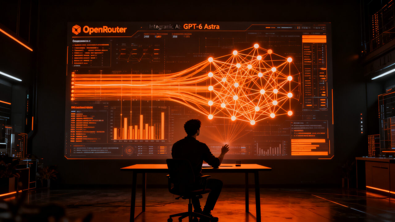 Programador trabajando con inteligencia artificial GPT-6 Astra en OpenRouter, representando agentes AI y escalabilidad tecnológica.