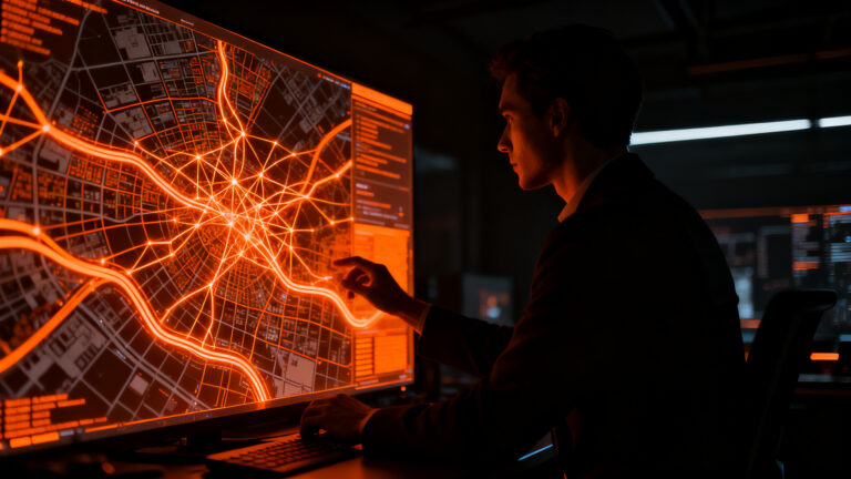 Agente de IA analizando datos cartográficos de OpenStreetMap para diseñar rutas de running, concepto de transparencia en LLMs.