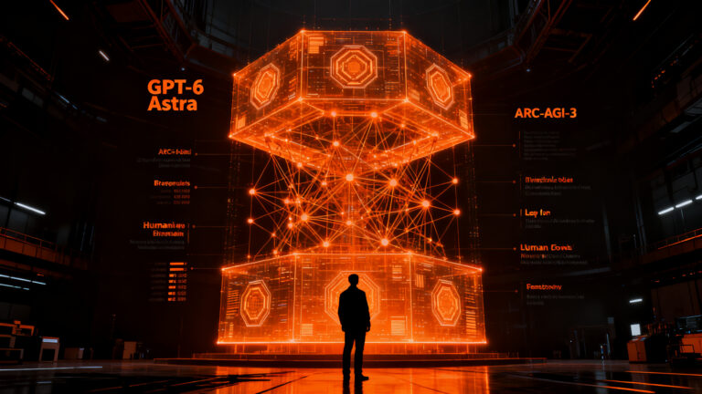 IA avanzada GPT-6 Astra superando pruebas de razonamiento humano en el benchmark ARC-AGI-3, representando el futuro de la inteligencia artificial.