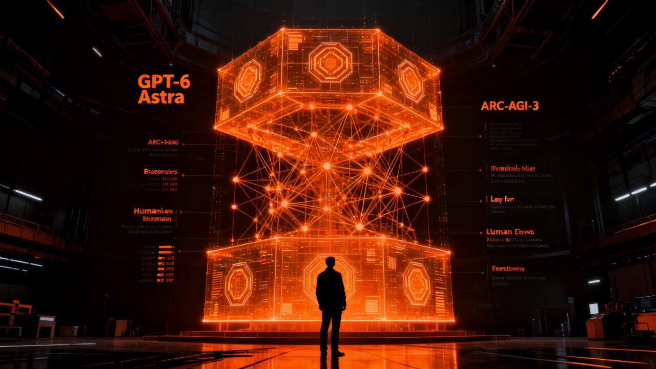 IA avanzada GPT-6 Astra superando pruebas de razonamiento humano en el benchmark ARC-AGI-3, representando el futuro de la inteligencia artificial.