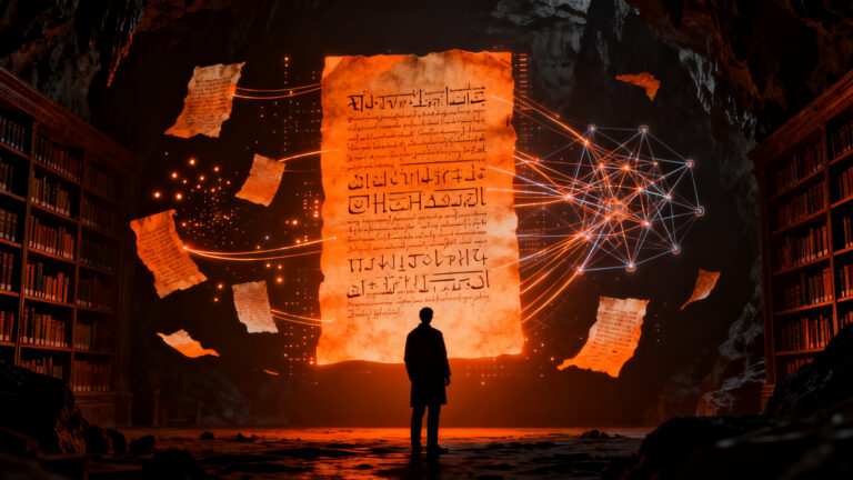 Investigador analizando manuscritos antiguos mediante IA avanzada, representando la intersección entre tecnología frontier y archivos históricos.