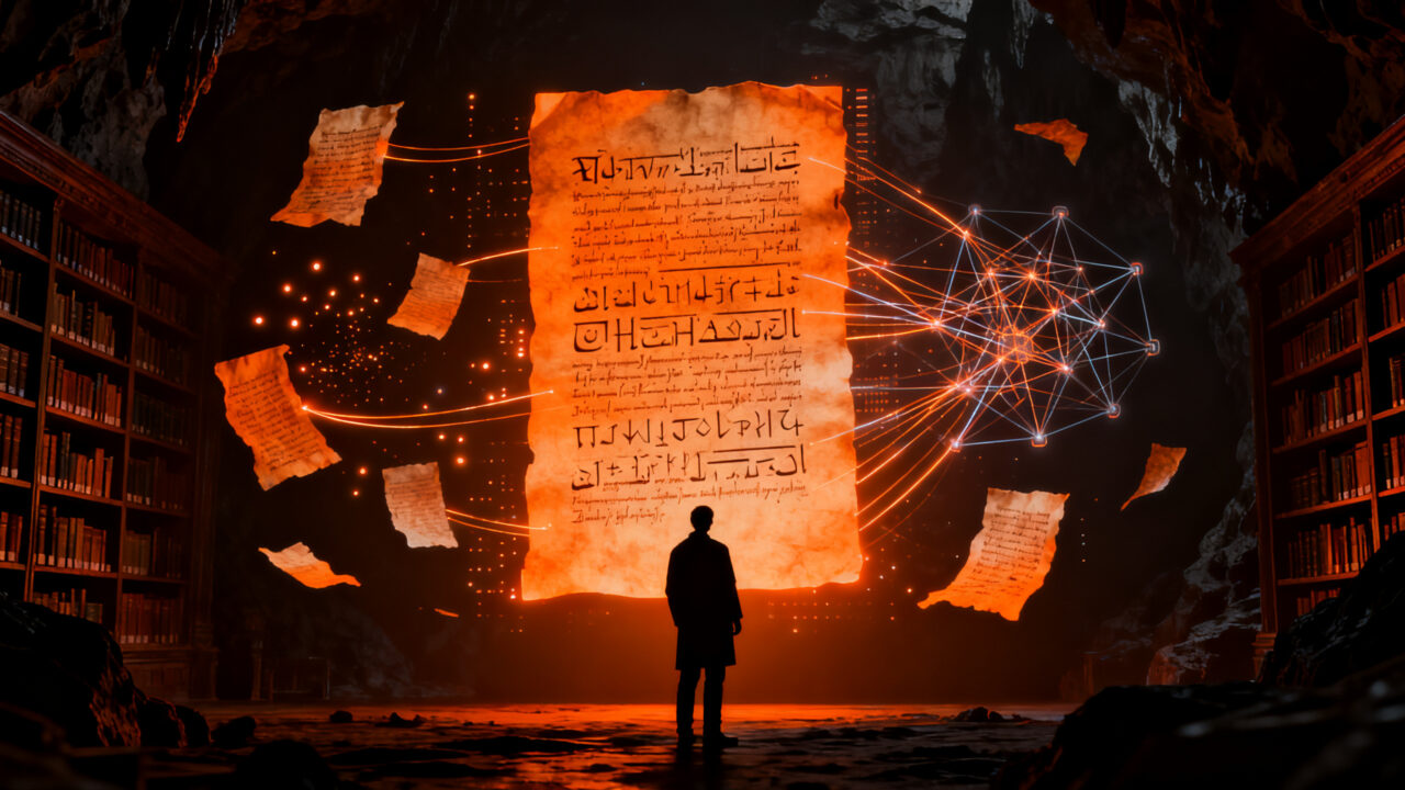 Investigador analizando manuscritos antiguos mediante IA avanzada, representando la intersección entre tecnología frontier y archivos históricos.