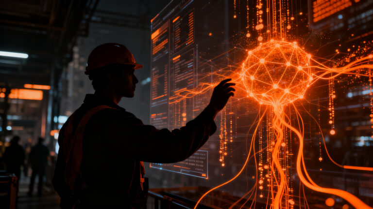 Trabajador de plataforma utilizando herramientas de inteligencia artificial para mejorar su productividad en un entorno urbano moderno.