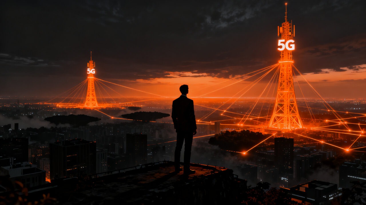 Representación visual de la conectividad 5G y el desarrollo de infraestructura digital en América Latina, destacando los retos regulatorios y la brecha digital.