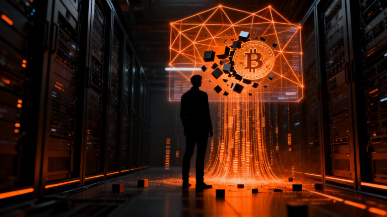 Representación visual de seguridad en redes blockchain tras un intento de hackeo, con silueta técnica analizando flujos financieros.