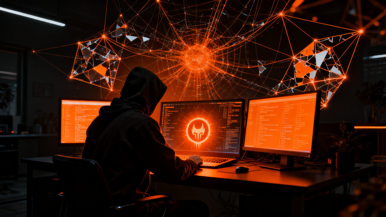 Hacker utilizando agentes de inteligencia artificial para realizar ataques cibernéticos a gran escala en empresas.