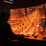 Ciberataque automatizado con IA: hacker robando datos financieros de múltiples empresas a gran escala.