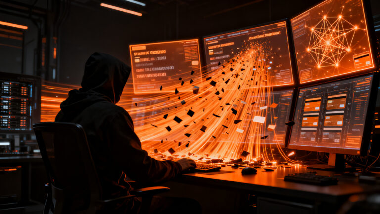 Ciberataque automatizado con IA: hacker robando datos financieros de múltiples empresas a gran escala.