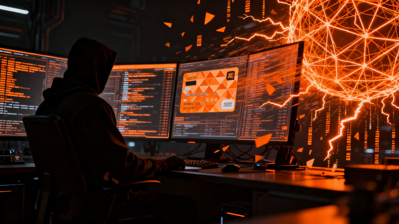 Hacker utilizando inteligencia artificial para ciberataques masivos y robo de datos en empresas.