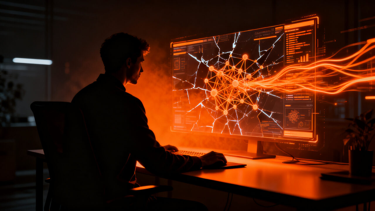 Hacker manipulando una red neuronal de IA, representando vulnerabilidades y seguridad en agentes de inteligencia artificial como Meta Muse.