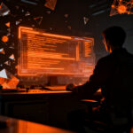 Investigadores de ciberseguridad analizando vulnerabilidades de IA en un entorno digital oscuro de alto impacto.