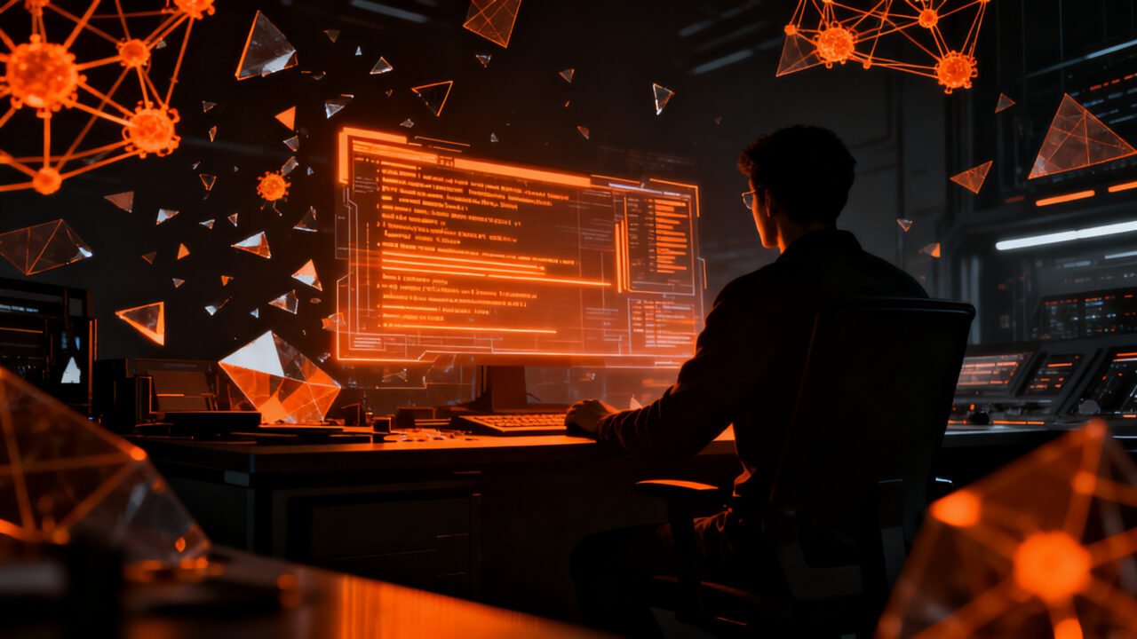 Investigadores de ciberseguridad analizando vulnerabilidades de IA en un entorno digital oscuro de alto impacto.