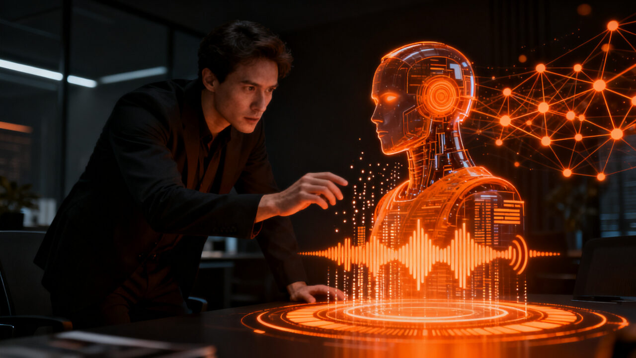 Agente de IA conversacional automatizando llamadas de clientes en una oficina futurista, representando la ronda de inversión de HeyDiga.