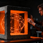 Ingeniero civil analizando innovador hormigón verde con biochar para una construcción sostenible y economía circular.