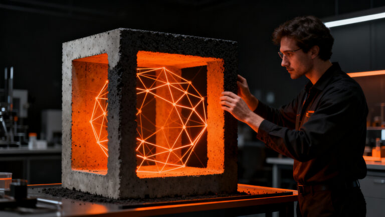 Ingeniero civil analizando innovador hormigón verde con biochar para una construcción sostenible y economía circular.