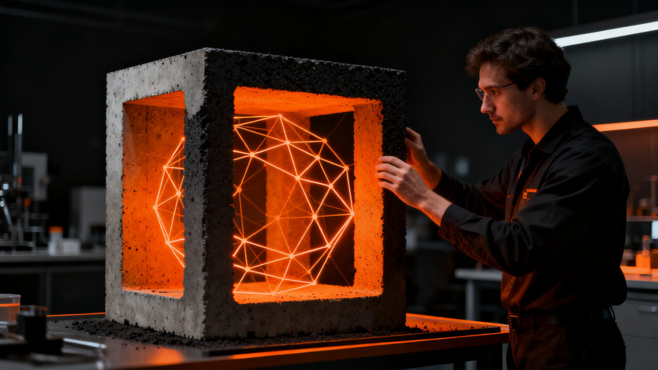 Ingeniero civil analizando innovador hormigón verde con biochar para una construcción sostenible y economía circular.