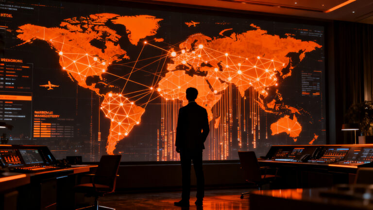 Un profesional de la hotelería analizando datos de revenue management y estrategia de marketing con inteligencia artificial en un entorno digital.