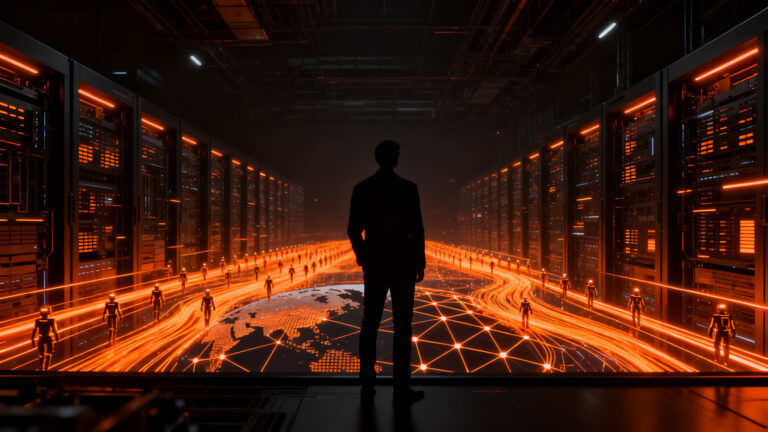 Representación futurista de agentes de IA dominando la infraestructura de red global en 2035, visión para startups.