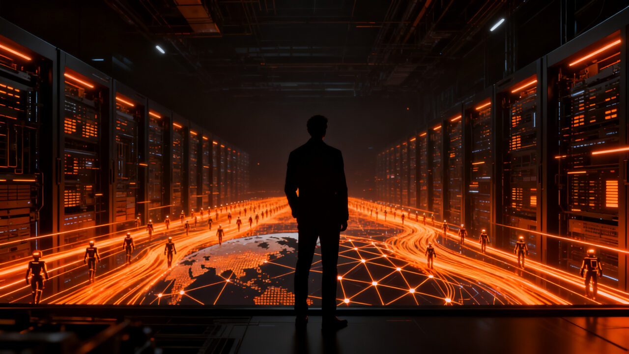 Representación futurista de agentes de IA dominando la infraestructura de red global en 2035, visión para startups.