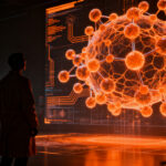 Investigador analizando estructuras moleculares digitales con IA, representando la alianza de Huawei en la industria farmacéutica.