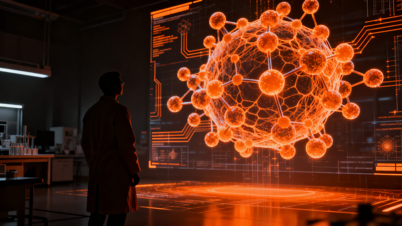Investigador analizando estructuras moleculares digitales con IA, representando la alianza de Huawei en la industria farmacéutica.