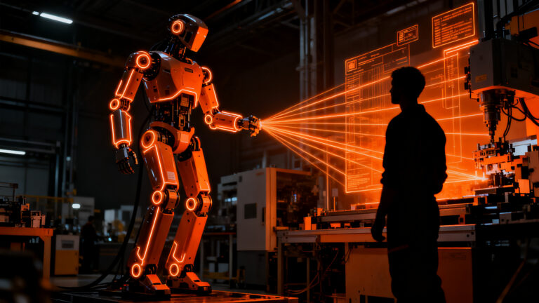 Robots humanoides en fábricas europeas representando la nueva era de la automatización industrial y la robótica avanzada.
