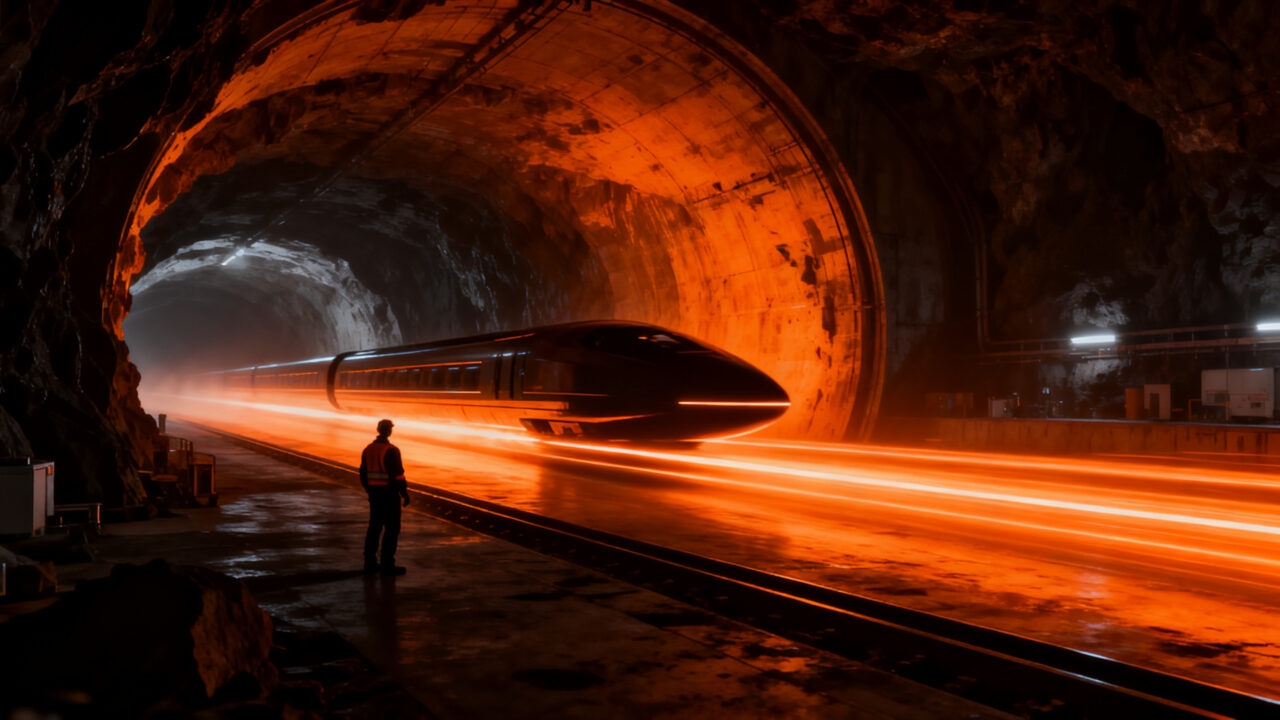 Proyecto de infraestructura Hyperloop de The Boring Company conectando Austin y San Antonio para transporte de alta velocidad.
