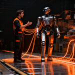 Trabajador humano y robot humanoide Atlas en una fábrica de Hyundai, representando la coexistencia entre automatización e IA.