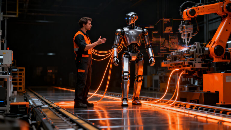 Trabajador humano y robot humanoide Atlas en una fábrica de Hyundai, representando la coexistencia entre automatización e IA.