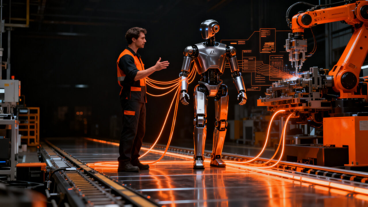Trabajador humano y robot humanoide Atlas en una fábrica de Hyundai, representando la coexistencia entre automatización e IA.