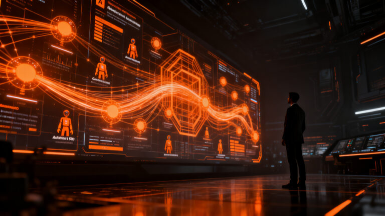 Estratega de marketing digital analizando una red de IA agéntica y búsqueda generativa, transformando el futuro del SEO en LATAM.