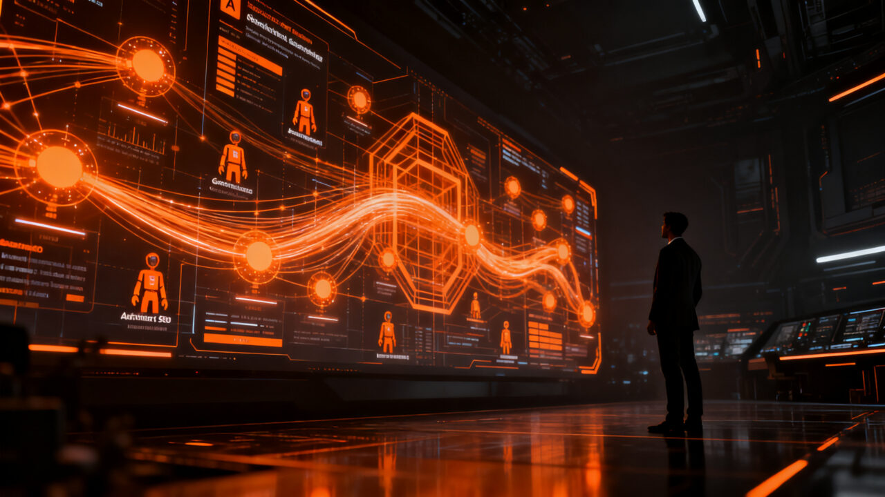 Estratega de marketing digital analizando una red de IA agéntica y búsqueda generativa, transformando el futuro del SEO en LATAM.