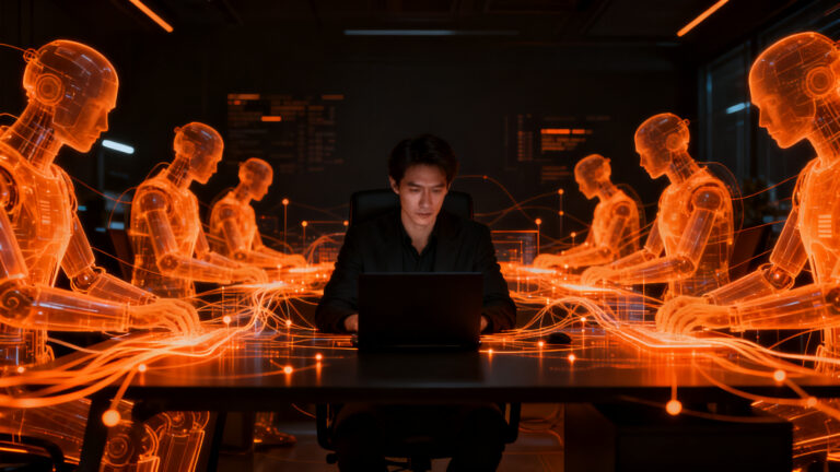 Representación visual de agentes de IA operando en una startup, simbolizando la transición hacia la automatización inteligente.