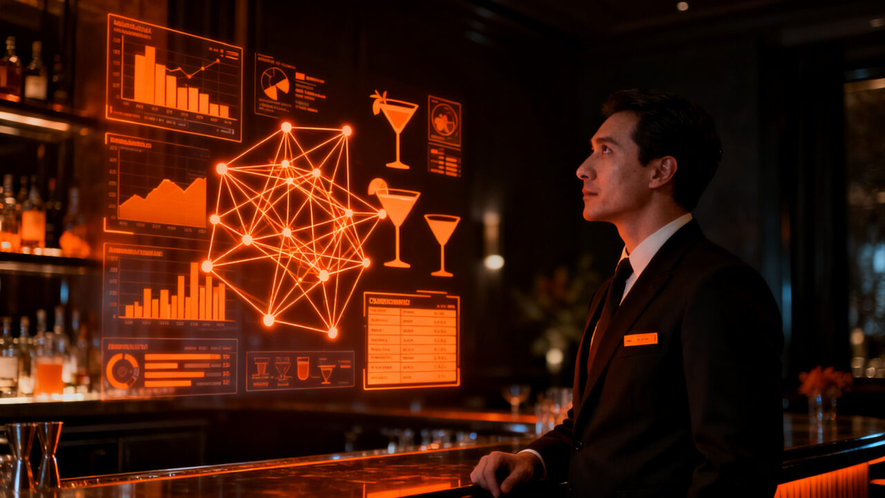 Director de F&B analizando datos de hostelería mediante inteligencia artificial para control de costes y optimización de menús.