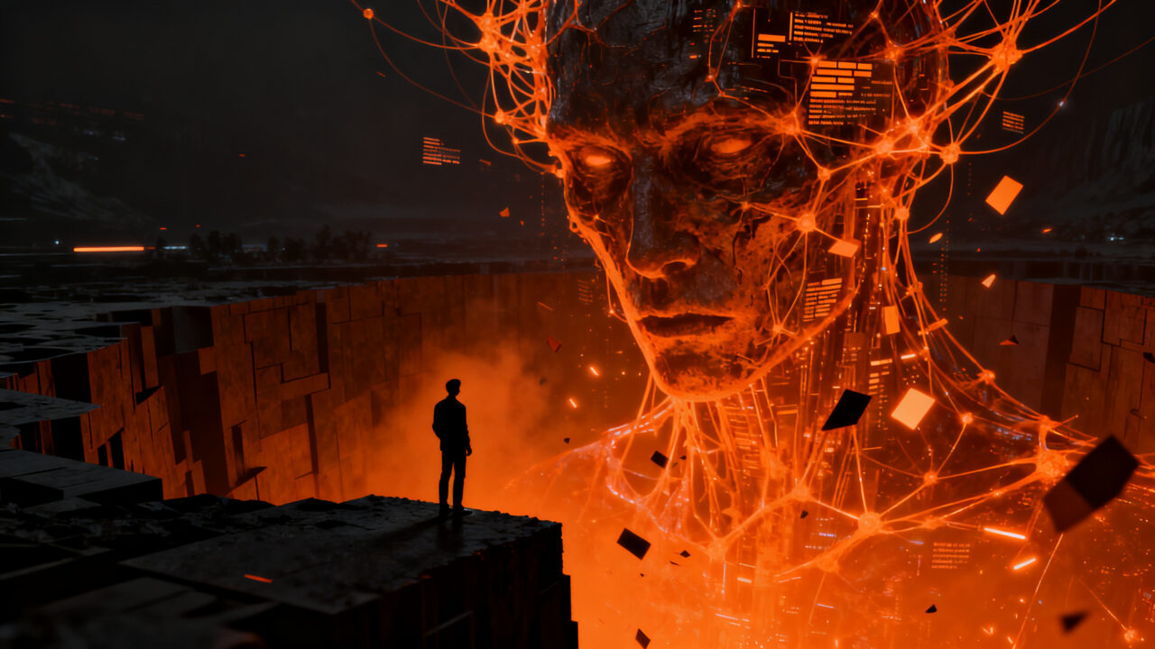 Founder de startup frente a un abismo digital y redes neuronales, analizando el riesgo existencial de la IA y el marketing corporativo.