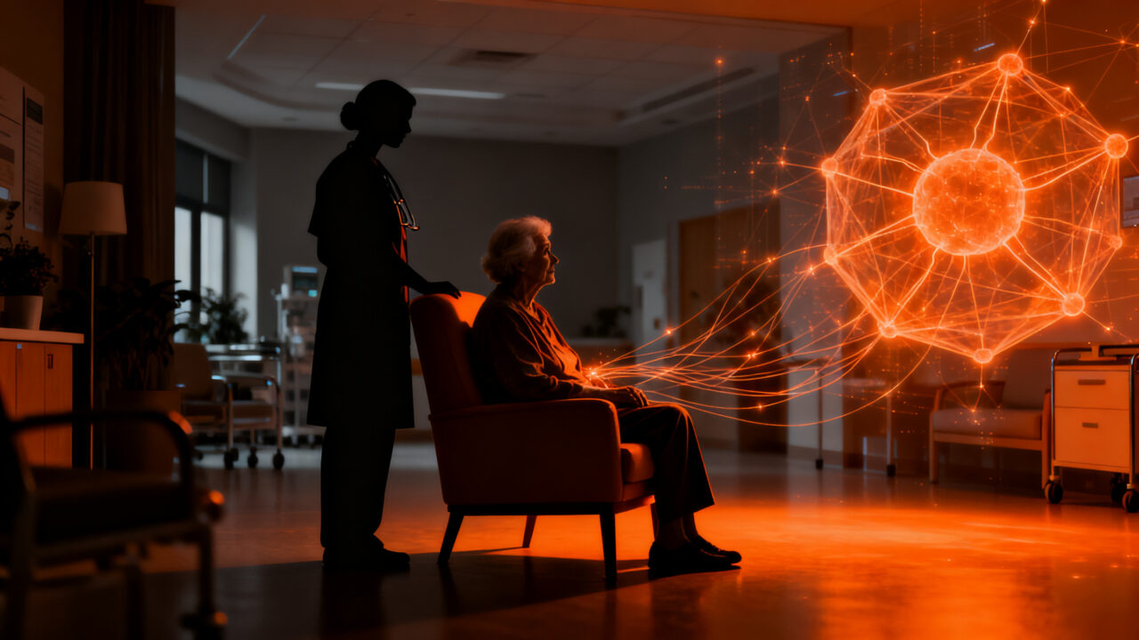Agente de inteligencia artificial asistiendo a un adulto mayor en una residencia, concepto de automatización en healthtech.