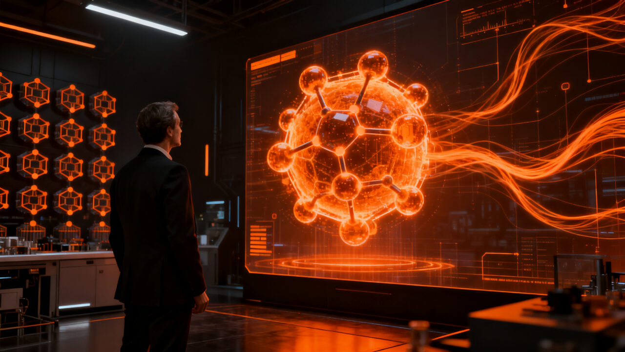 CEO de biotech liderando el descubrimiento de fármacos con IA, representando la eficiencia de las nuevas foundries en la industria farmacéutica.