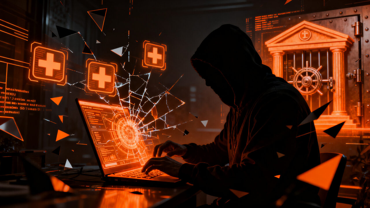 Ciberseguridad en la era de la IA: silueta de un hacker frente a estructuras digitales afectando hospitales y bancos.