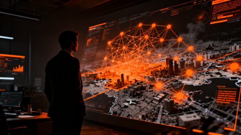 Líder ejecutivo analizando datos de inteligencia artificial en una sala de control durante una gestión de crisis, representando resiliencia tecnológica.