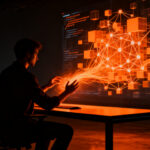 Desarrollador de software colaborando con una interfaz de inteligencia artificial para optimizar código, representando la productividad en ingeniería.