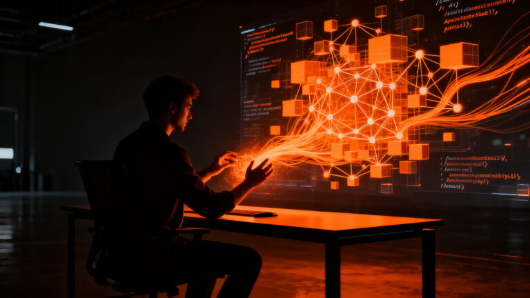 Desarrollador de software colaborando con una interfaz de inteligencia artificial para optimizar código, representando la productividad en ingeniería.