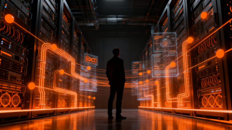 Ingeniero supervisando un centro de datos futurista con IA, optimizando infraestructura crítica y eficiencia energética.