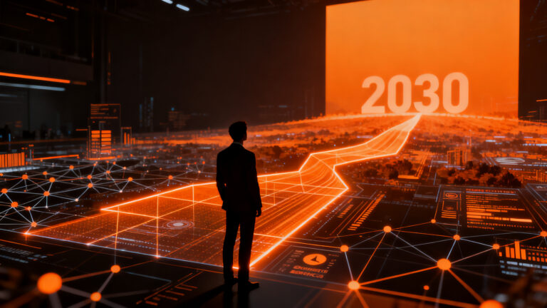 Profesional analizando redes neuronales y datos de mercado para el futuro del empleo en 2030, representando la transformación laboral por IA.