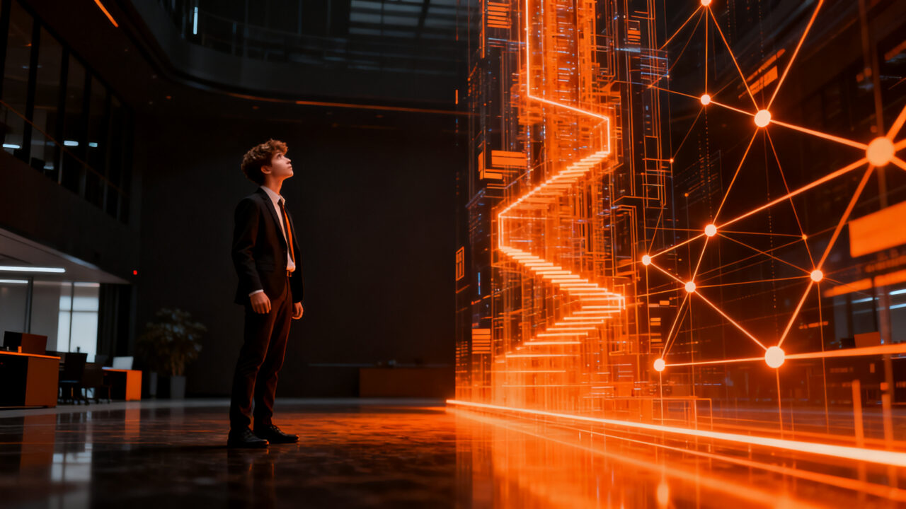 Joven profesional enfrentando un entorno laboral complejo dominado por la inteligencia artificial y la automatización.