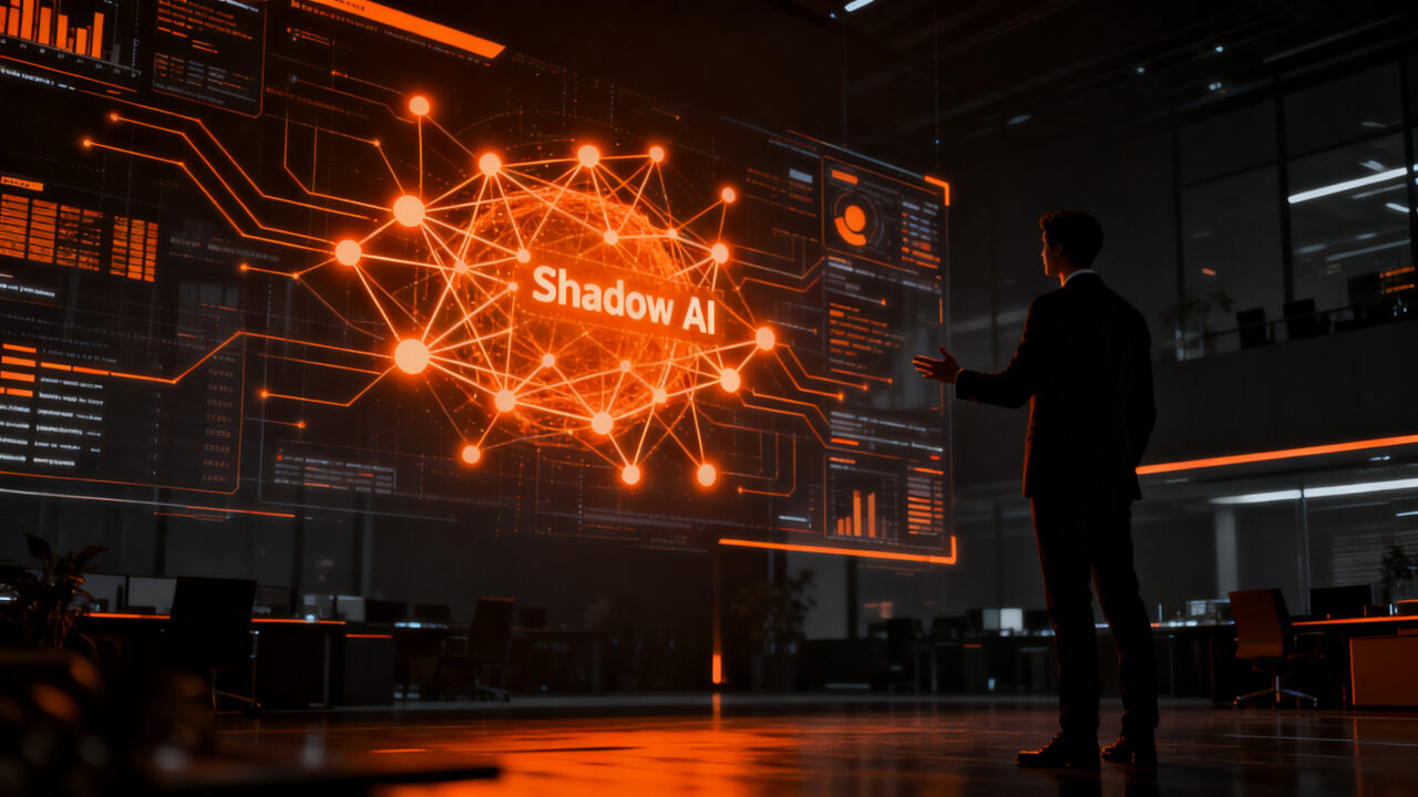 Directivo empresarial supervisando una red de IA autónoma, representando la gobernanza y el juicio crítico en la adopción corporativa de inteligencia artificial.