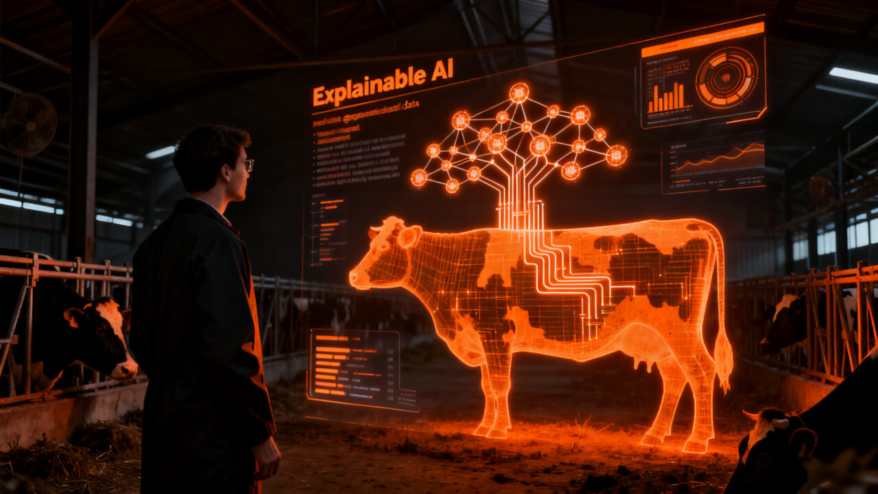Investigador analizando datos de IA explicable para la predicción de salud en ganado lechero, representando la tecnología agroTech.