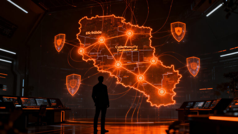 Silueta de un experto analizando una red de infraestructura crítica digital en Chile tras el apagón de 2025, usando IA para ciberseguridad.