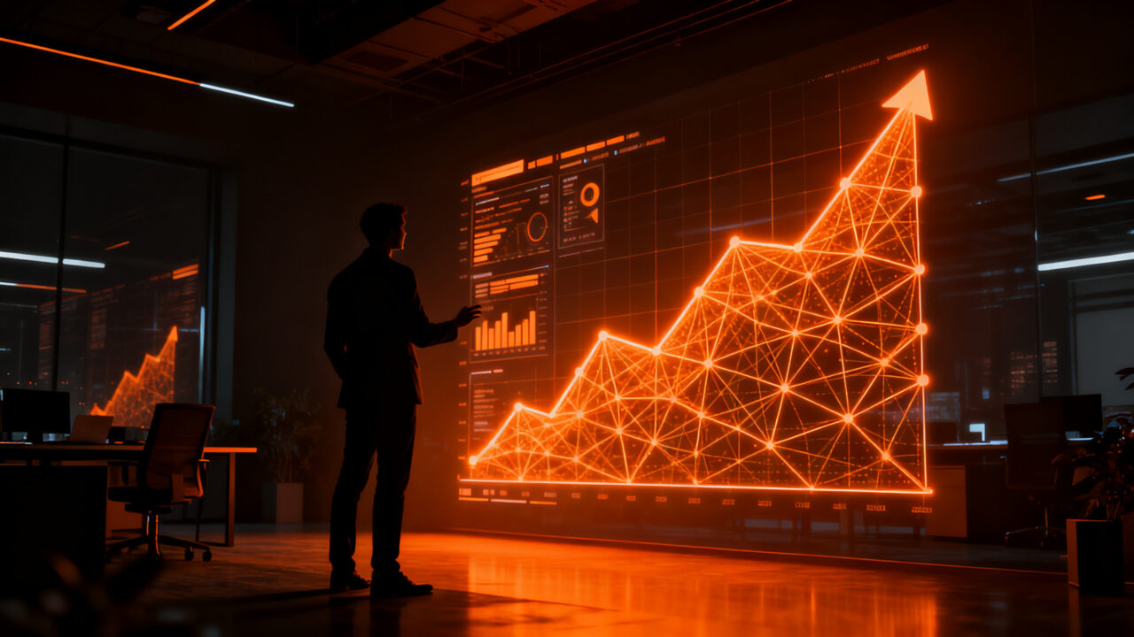 Emprendedor utilizando herramientas de inteligencia artificial para validar y lanzar una startup, representando la adopción tecnológica en el ecosistema emprendedor.