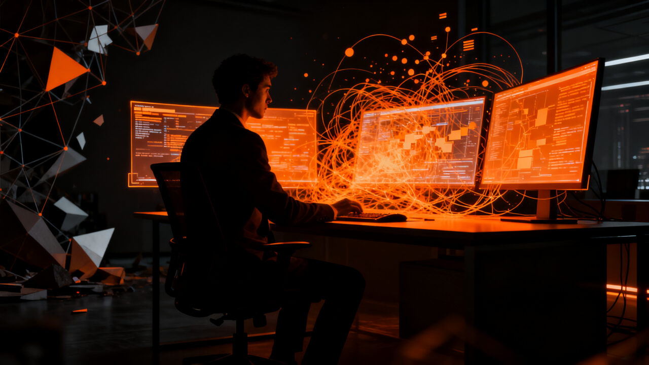 Profesional en una oficina oscura trabajando con IA empresarial, representando los riesgos de seguridad y falta de gobernanza de datos en empresas de LATAM.