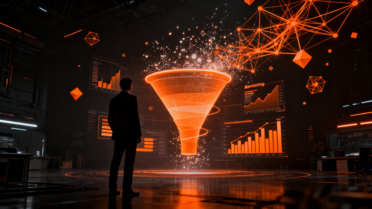 Especialista en marketing analizando datos de IA en un entorno digital, representando la transformación del talento junior y la automatización.